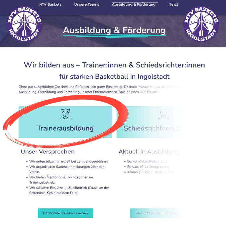 🏀🏀🏀
SEI DABEI !!
🏀🏀🏀 

Du liebst Basketball und möchtest dein Wissen weitergeben? Bei den MTV Baskets begleiten wir dich vom ersten Schnuppern an der Seitenlinie bis zur C-, B- oder sogar A-Lizenz. Grundlage sind die offiziellen Lehrgänge des BBV/DBB, wir unterstützen dich als Verein bei Anmeldung, Praxis und Finanzierung.

▶️ https://mtv-baskets.de/foerderung-basketball-trainer-ausbildung/

Klick doch mal rein, oder schreib uns direkt an! Werde Teil unseres Teams und getsalte den Basketballsport in deiner Heimatstadt!

🏀🏀🏀
LET'S GO BASKETS

#gameday #basketballbezirkschwaben #oneteam #jugendsport #wewantyou #bayernbasketball #trainer #trainingday #basketballtime #onefamily #basketball #teamsport #supporters #supportyourteam