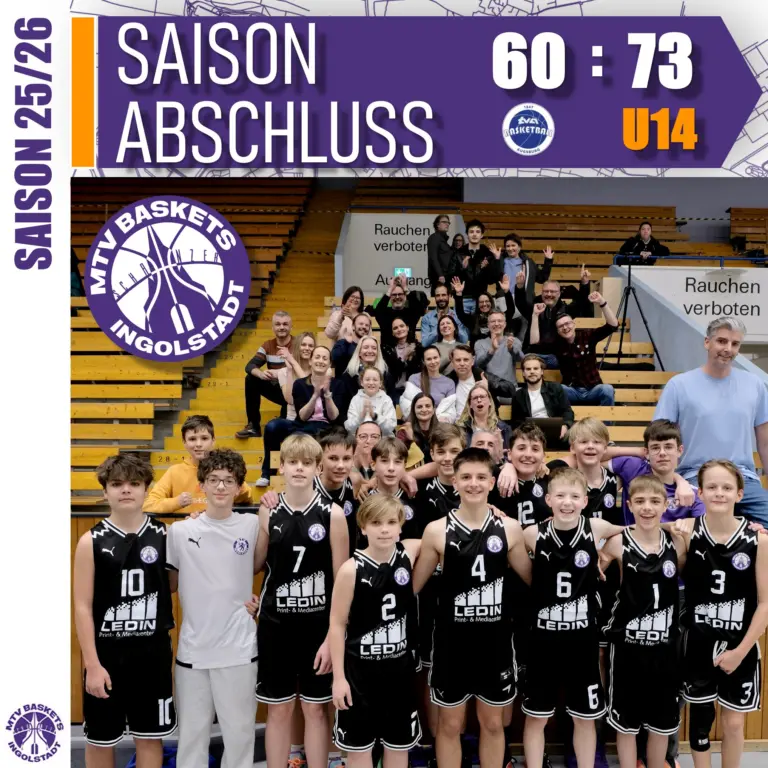 🏀🏀🏀
ERFOLGREICHE SAISON !
🏀🏀🏀

Unsere U14 konnte am letzten Spieltag ihre erfolgreiche Saison 2025/2026 mit einem Auswärtssieg in Augsburg  krönen. Platz 2 in der Tabelle hinter Nördlingen ist ein deutliches Ausrufezeichen für die Zukunft. 🥁

Das junge Team hat sich über die letzten Monate immer besser entwickelt und richtig guten Basketball gespielt. Angefeuert von zahlreichen Eltern gelang ein toller Schlusspunkt. Herzlichen Glückwunsch und viel Erfolg weiterhin!

LET'S GO BASKETS!
#champions #meisterschaft #spieltag #gameday #basketballbezirkschwaben #oneteam #jugendsport #bayernbasketball #victory #bbvonline #trainer #trainingday #basketballtime #ingolstadt #mtvbaskets #onefamily #mannschaft #ruleyourcourt #MTVBasketsIngolstadt #teamsport #supporters #supportyourteam 
🏀🏀🏀 

@bayern.basketball @basketballbezirkschwaben  @tv.ingolstadt @in_direkt @ledin_print