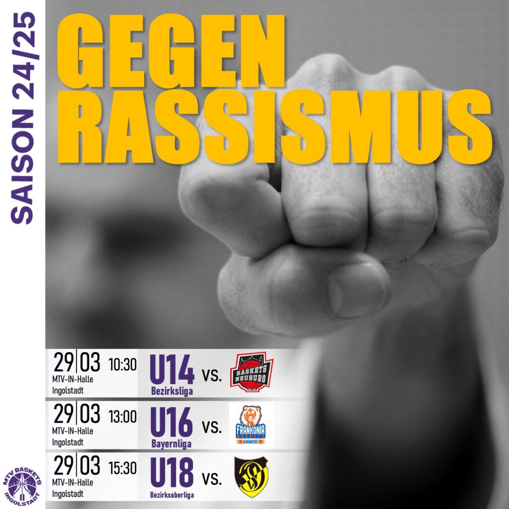 🏀🏀🏀
LETZTER SPIELTAG !
🏀🏀🏀
Die MTV Baskets stellen ihren letzten Spieltag unter das Motto "Gegen Rassismus und Ausgrenzung" ❗
▶ Die Liebe zum Basketball vereint uns mit unseren Spielern, Fans und allen anderen Mannschaften, die sich diesem tollen und spannenden Sport verschrieben haben. Deswegen begegnen wir allen mit Respekt und Wertschätzung.
▶ Im Basketball wie in unserer Gesellschaft ist kein Platz für Hass, Diskriminierung oder Ausgrenzung. Hass und Rassismus gegen Andere ist ein Zeichen von Schwäche, eine Untat gegen die Gemeinschaft. Vielfalt macht uns stark, Vielfalt macht uns besser, Vielfalt ist unser Erfolg ❗
Darum lasst uns nochmal alle zusammen unsere Leidenschaft für den Basketball in den drei Heimspielen feiern!
LET'S GO BASKETS🏀
#toleranz #gegenrassismus #champions #meisterschaft #spieltag #gameday #basketballbezirkschwaben #oneteam #jugendsport #bbvonline #ingolstadt #mtvingolstadt #mtvbaskets #supporters #supportyourteam