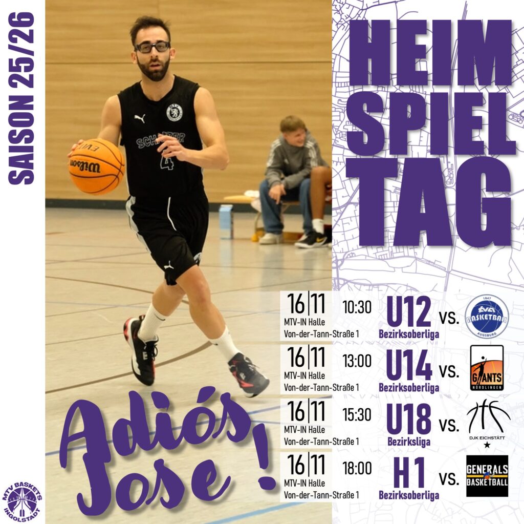 🏀🏀🏀
ABSCHIEDSSPIEL !
🏀🏀🏀

⛹ Am morgigen Sonntag finden vier Heimspiele der MTV Baskets statt. Alle sind herzlich eingeladen, in die MTV-Halle zu kommen und unsere Teams gegen starke Gegner anzufeuern. Außerdem gibt es einen Verkaufsstand mit Merchandise-Artikeln, die Ihr euch nicht entgehen lassen solltet.🎺🎺🎺

🇪🇸 Ganz emotional wird es dann ab 18 Uhr, wenn wir zum letzten Mal unseren spanischen Top-Spieler Jose vor heimischem Publikum begrüßen dürfen. Also lasst uns die MTV-Halle nochmal richtig einheizen, bevor es leider heißt "Adiós Jose!"🇪🇸

🏀🏀🏀
LET'S GO BASKETS!

#bezirksoberliga #bezirksliga #meisterschaft #champions #spieltag #gameday #basketballbezirkschwaben #oneteam #jugendsport #wewantyou #bayernbasketball #victory #bbvonline #mtvingolstadt #basketballtime #ingolstadt #mtvbaskets #onefamily #basketball #mannschaft #mtvbasketsingolstadt #ruleyourcourt #MTVBasketsIngolstadt #teamsport #supporters #supportyourteam