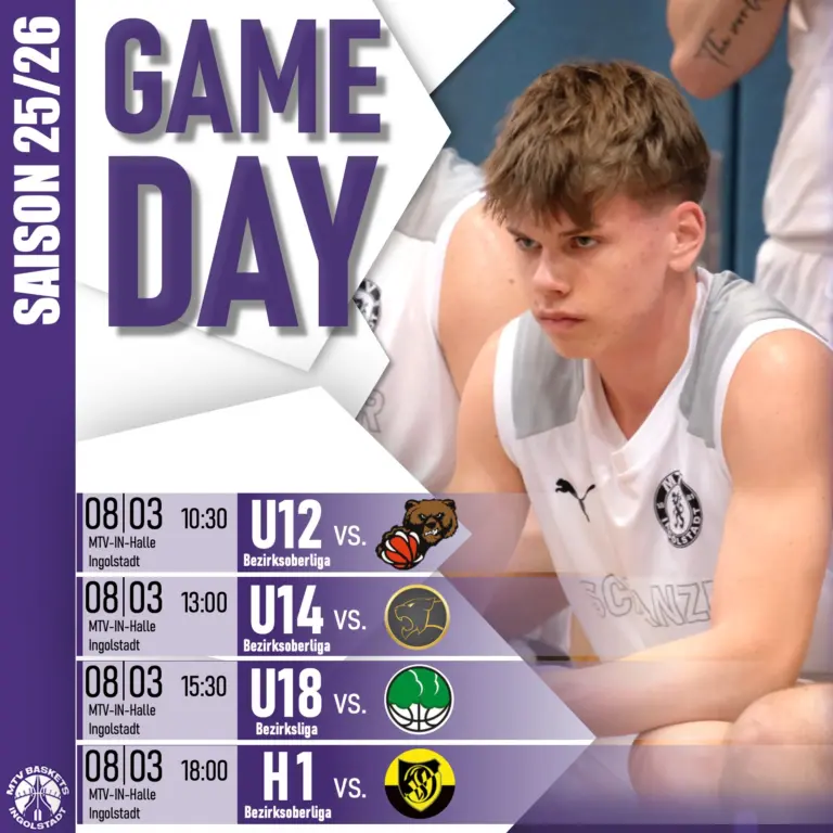 🏀🏀🏀
GROSSER HEIMSPIELTAG ⛹

Alle vier Mannschaften der MTV Baskets gehen am Sonntag in der MTV-Halle aufs Spielfeld und bitten um Euren Support🥁.

👉Den Start macht unsere U12 gegen Donauwörth. Ein schweres Spiel für unsere Jüngsten, aber die Leistungskurve zeigt weiter nach oben.

👉Die U14 spielt um 13 Uhr gegen das Team aus Illertal, das in der letzten Partie gegen Nördlingen überraschend den Sieg davon getragen hat. 

👉Die U18 bestreitet ihr Match gegen die Oaks vom FC Gerolfing. Es ist das letzte Spiel für die Mannschaft in dieser Saison, die man natürlich mit einem Sieg krönen möchte.

👉Am Abend spielen die Herren gegen Diedorf. Auch hier soll der positive Trend aus den letzten Matches fortgeführt werden.

🏀🏀🏀
LET'S GO BASKETS

#finalgame #champions #meisterschaft #spieltag #gameday #basketballbezirkschwaben #oneteam #jugendsport #wewantyou #bayernbasketball #bbvonline #mtvingolstadt #basketballtime #ingolstadt #onefamily #basketball #mtvbasketsingolstadt #ruleyourcourt #teamsport #supporters #supportyourteam